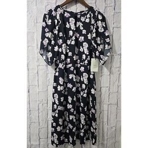 Lewit Navy Night Dorata Floral Short Sleeve Silk Dress Blue Purple White Sz 14